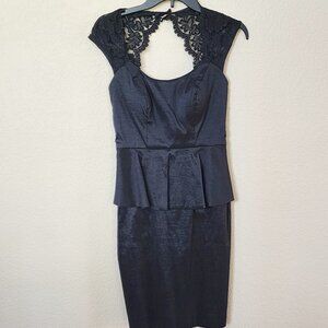 Cache Cocktail Dress Black Lace Shoulder Peplum Sleeveless Knee Length Size 4
